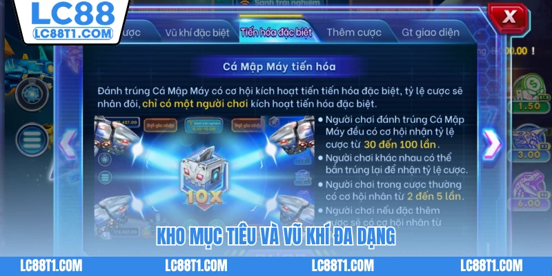 Kho mục tiêu và vũ khí đa dạng